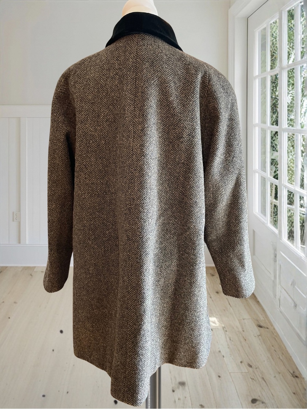 JONES NEW YORK Vintage Wool Tweed Velvet Collar Coat Women's L XL Herringbone 80 - Picture 5 of 16